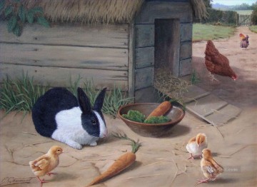  Victorian Art Painting - rabbit and chicken in VICTORIAN STYLE